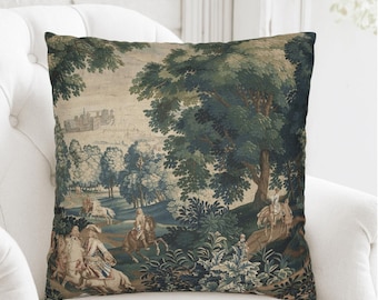 French Verdure Tapestry Pillow Cover, Antique Vintage Royal Hunt Throw Cushion