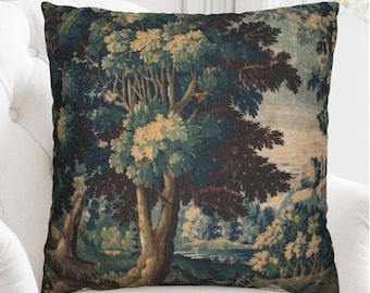 Verdure Tapestry Pillow Cover, Vintage Forest Landscape Cushion, Rustic Cottagecore Decor