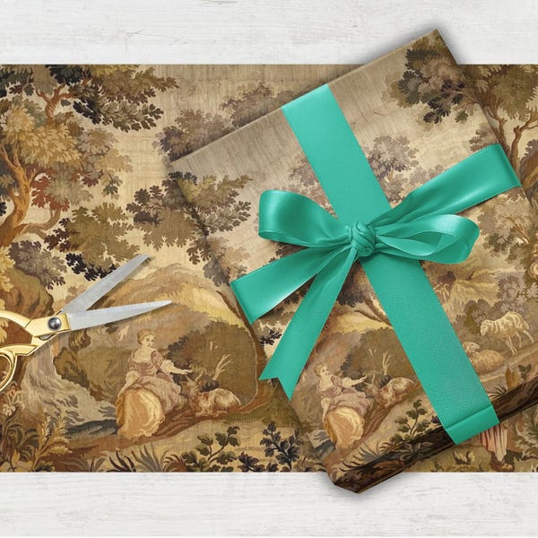 Cadeaupapier groene wandtapijt, vintage Franse landelijke inpakvellen