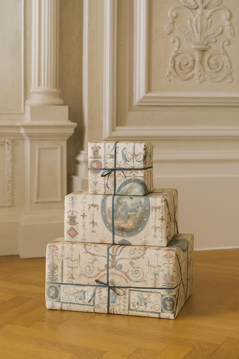 Wrap your presents this Christmas holiday season in elegance with this vintage French chateau neoclassical design. Featuring intricate details, this antique-style wrap adds sophistication to any gift packaging. Perfect for DIY projects, scrapbooking, art supplies, and crafting, this high-quality paper roll enhances any occasion with its timeless charm. Elevate your gift wrap with historic beauty and luxurious packaging.