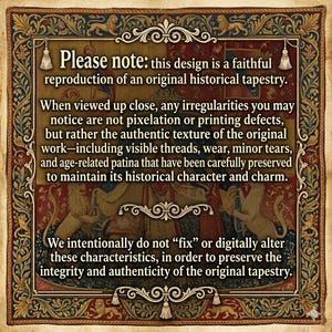 May include: A rectangular tapestry featuring a decorative border with lions and floral motifs. The center contains text explaining that the design is a faithful reproduction of a historical work, preserving original textures, wear, and age-related patina.