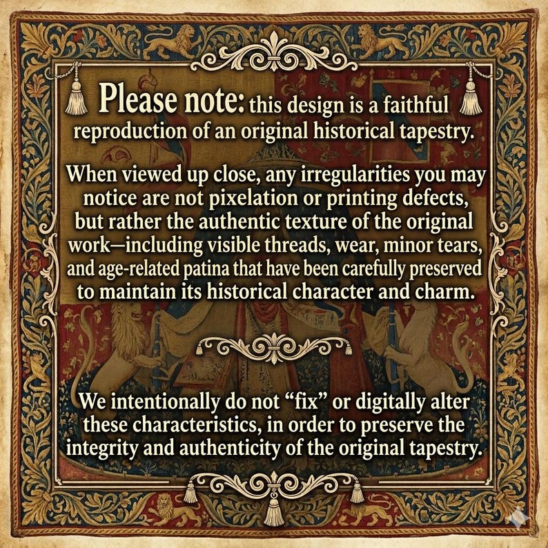 May include: A rectangular tapestry featuring a decorative border with lions and floral motifs. The center contains text explaining that the design is a faithful reproduction of a historical work, preserving original textures, wear, and age-related patina.