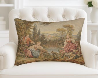 French Verdure Tapestry Lumbar Pillow, Antique Jacquard Throw Pillow, French Country Cushion, Vintage Home Decor