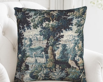 French Verdure Woven Tapestry Throw Pillow: Aubusson Château Cushion