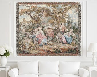 French Jacquard Woven Tapestry, Chateau Style Wall Hanging, 100% Cotton Throw
