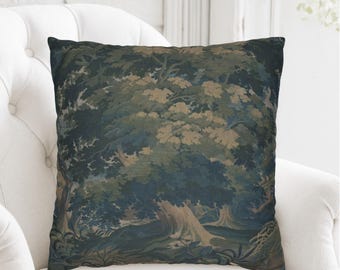 French Verdure Tapestry Pillow Cover, French Country Throw Cushion, Vintage Château Woodland Pillowcase, Antique-Style Home Decor, Gift Idea
