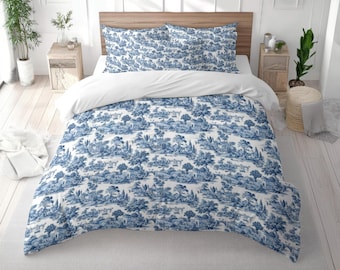 Toile de Jouy Cotton Comforter, Blue & White French Country Bedroom Decor
