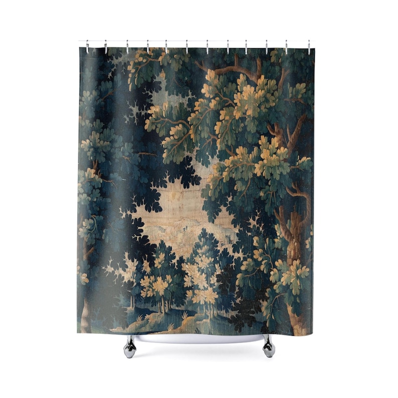 Add vintage charm to your bathroom with this stunning shower curtain, featuring a reproduction of an 18th-century Aubusson verdure tapestry. The lush woodland scene brings antique elegance to your bathroom decor, making it a perfect centerpiece for any bathroom renovation. Crafted from high-quality fabric, this bath curtain combines historic beauty with everyday functionality. Elevate your home decor with this unique tapestry-inspired bathroom accessory.