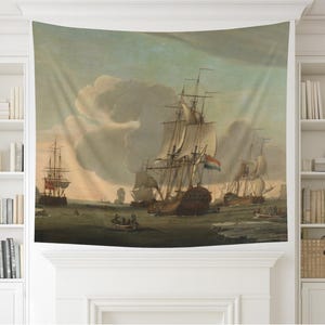 May include: A wall tapestry featuring a maritime painting of several sailing ships on calm water under a cloudy sky. The central vessel displays a flag with horizontal stripes of red, white, and blue. Smaller boats with figures are visible.