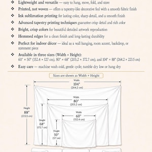 May include: A white rectangular polyester tapestry shown in three sizes: 60 inches by 50 inches, 80 inches by 68 inches, and 104 inches by 88 inches. The image includes a list of product features and a diagram illustrating the dimensions above a sofa.