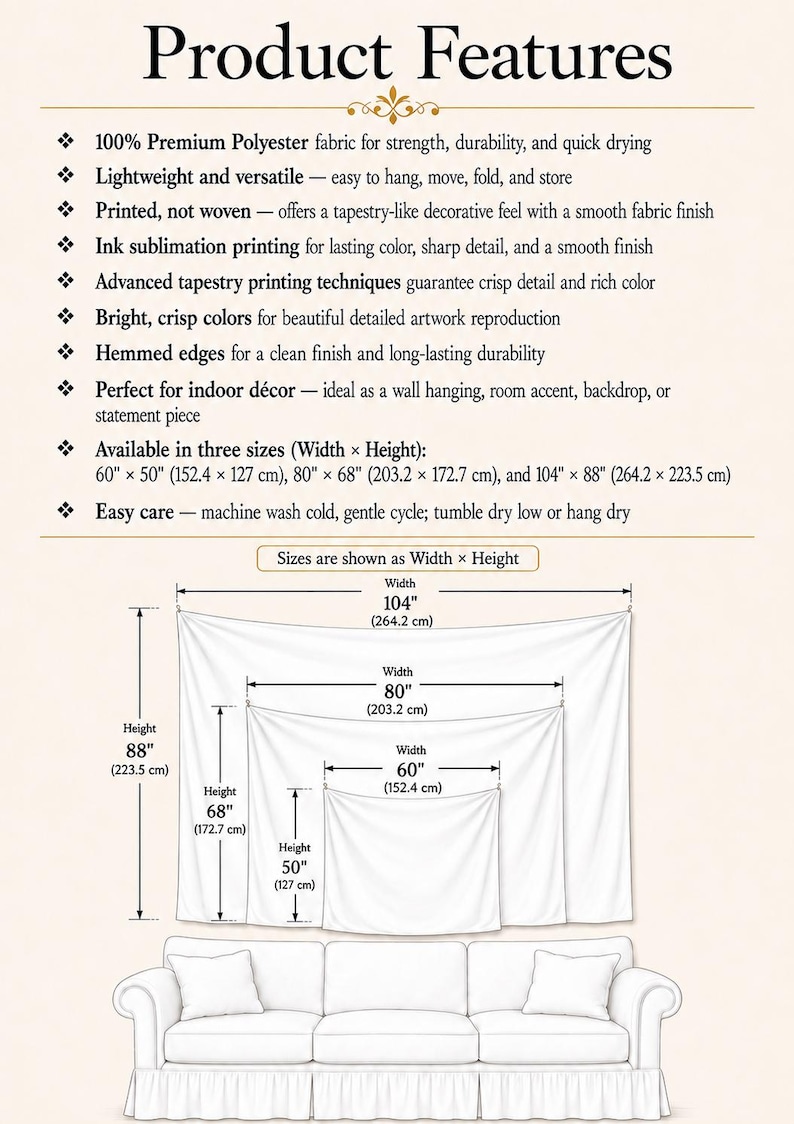 May include: A white rectangular polyester tapestry shown in three sizes: 60 inches by 50 inches, 80 inches by 68 inches, and 104 inches by 88 inches. The image includes a list of product features and a diagram illustrating the dimensions above a sofa.