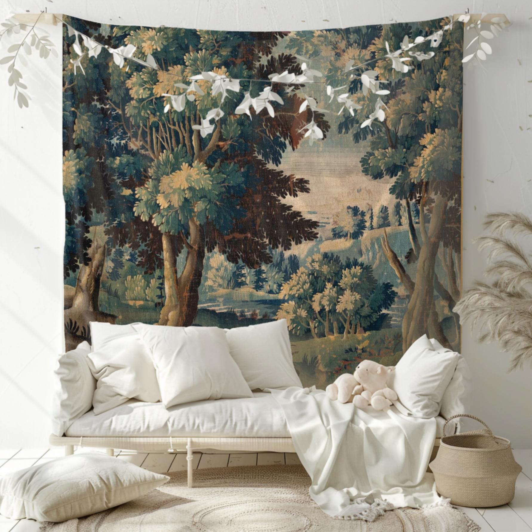 French Verdure Aubusson Tapestry: Antique Style Wall Hanging Printed Fabric Reproduction