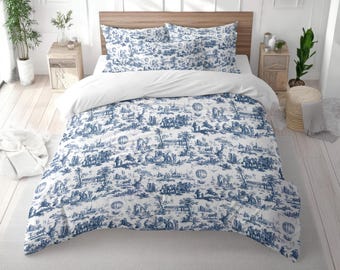 Edredón de algodón Toile de Jouy, diseño francés "Le Ballon" en azul y blanco, decoración para dormitorio.