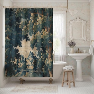 Add vintage charm to your bathroom with this stunning shower curtain, featuring a reproduction of an 18th-century Aubusson verdure tapestry. The lush woodland scene brings antique elegance to your bathroom decor, making it a perfect centerpiece for any bathroom renovation. Crafted from high-quality fabric, this bath curtain combines historic beauty with everyday functionality. Elevate your home decor with this unique tapestry-inspired bathroom accessory.