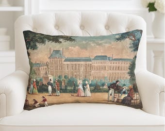 French Tuileries Park Lumbar Pillow, 19th C Paris Scene Throw Cushion, Antique French Decor, Vintage European Art Accent Pillow for Home
