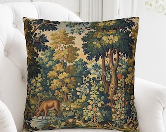 French Verdure Tapestry Pillow Cover, Antique Aubusson Throw Cushion, Vintage Forest Pillowcase, French Country Decor, Unique Gift for Home