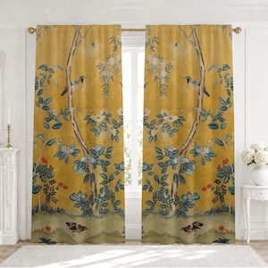Gordijn Chinoiserie (1 stuk), Chinese verduisterende gordijnen, oosters huisdecor, gebloemd kamerscherm, vintage Aziatisch raamdecoratie | Deel 2:
