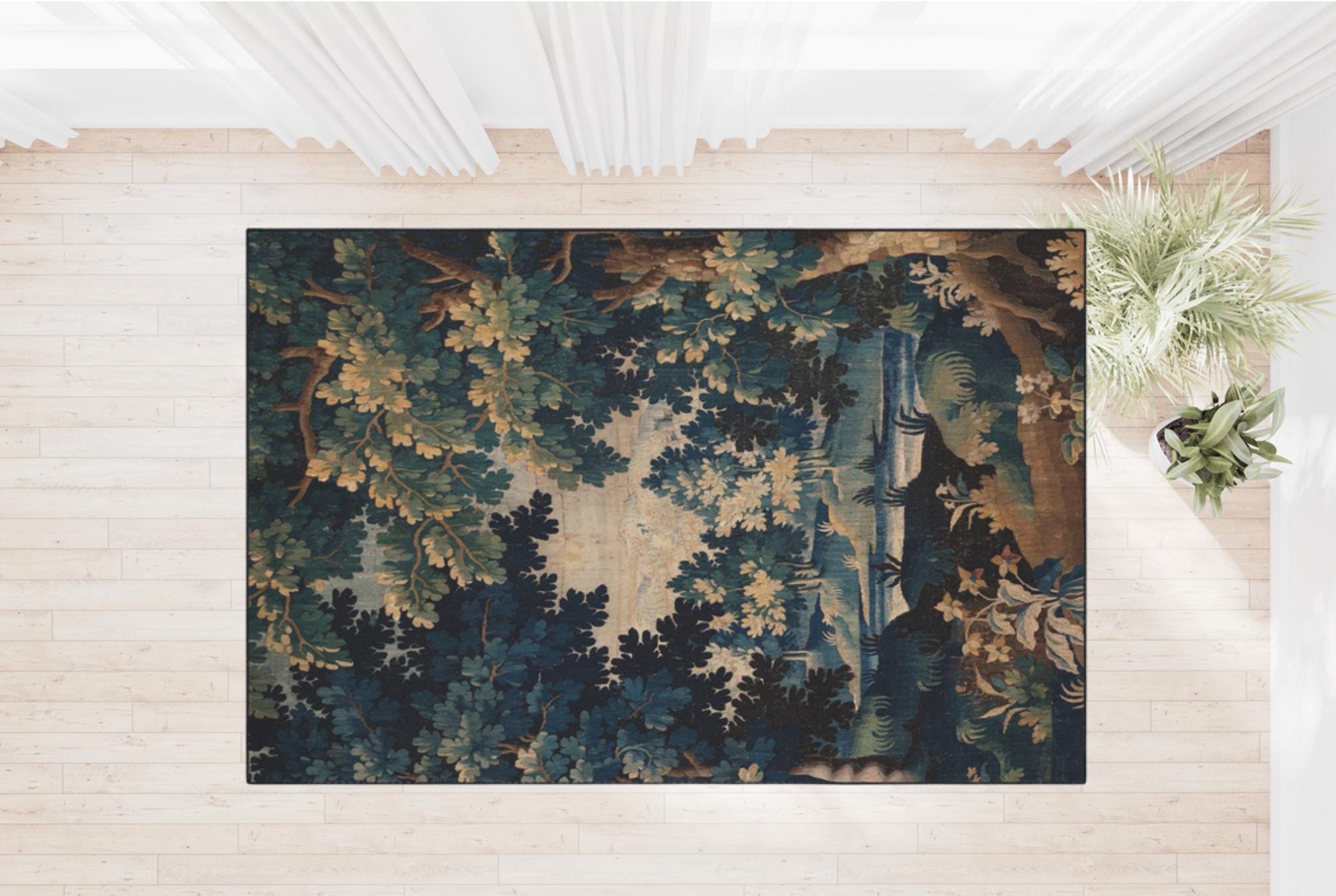 French Verdure Aubusson Tapestry Area Rug, Heavy Duty Floor Mat, Home Decor, Non-Slip Kitchen & Bathroom Mat, Vintage Carpet, Indoor Outddor