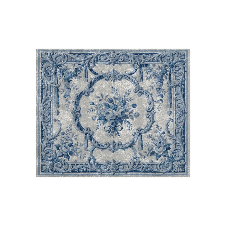 Luxury crushed velvet throw blanket featuring an antique-inspired vintage French Aubusson blue and white floral Marie Antoinette design. Soft, fluffy, comfy and cozy, this heritage design elevates home decor in any bedroom or living room. Style it on a sofa, as a bed cover or bedspread in traditional, grandmillennial, French country, or shabby chic interiors. A refined gift for art lovers.