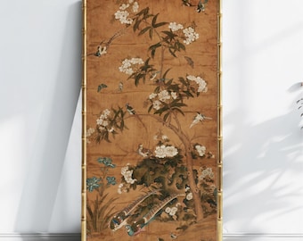 May include: A framed wall art piece featuring a detailed illustration of birds, flowers, and foliage. The artwork has a warm brown background with a bamboo-style gold frame. The birds are depicted in various colors, and the flowers are white.