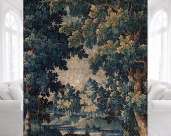 Manta de terciopelo arrugado con tapiz Verdure, manta Aubusson francesa antigua