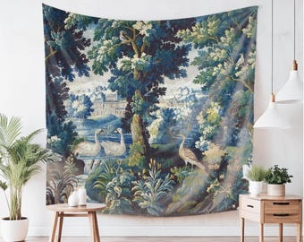 French Verdure Aubusson Wall Hanging, Antique Wall Tapestry Reproduction, Vintage Classic Home Decor, Wall Art Decor, Chateau Style, Gift