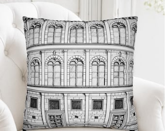 Funda de almohada estilo palazzo italiano, cojín arquitectónico antiguo vintage en blanco y negro.