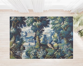 French Verdure Aubusson Tapestry Area Rug - Vintage Home Decor Accent, Traditional Floor Carpet, Antique Style Mat, Historical Tapestry Rug