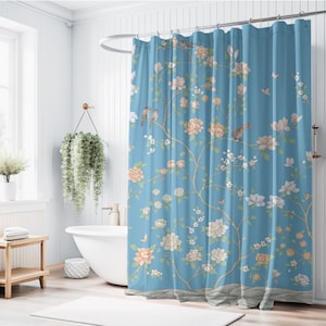 Chinoiserie Shower Curtain, Hand-Painted Watercolor Design, Floral Bathroom Decor, Vintage Home, Botanical Bath Curtain, Chic Fabric Liner