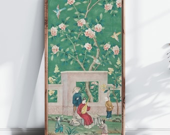 May include: A vintage Chinese wallpaper print featuring a green background with pink flowers, birds, and a scene of people in a garden. The print is framed in a wooden frame.
