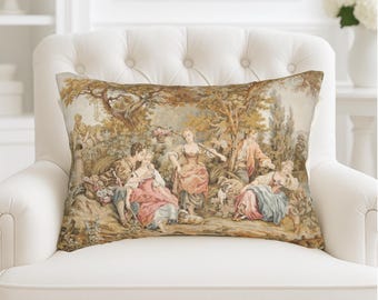 French Verdure Tapestry Lumbar Pillow, Vintage Home Decor, Antique Jacquard Throw Pillow, French Country Cushion, Rococo Château Style