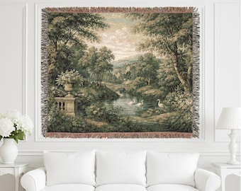 French Verdure Woven Tapestry, Antique Vintage Wall Hanging, Bedspread & Throw Blanket