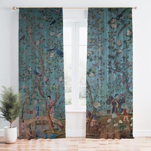 Chinoiserie Window Curtain (1 pc), Chinese Blackout Drapes, Antique Print, Vintage Home Decor, Asian Bedroom Drapery, Living Room | Part 1