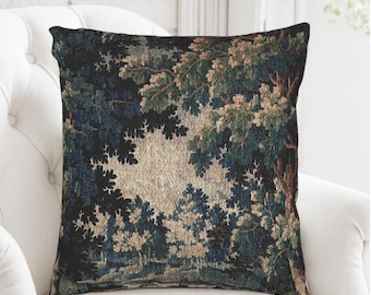 French Verdure Woven Tapestry Throw Pillow: Aubusson Château Cushion