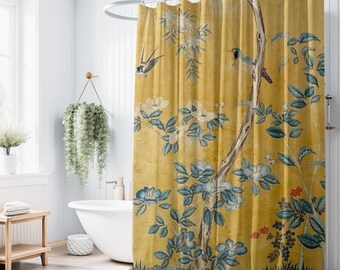 Chinoiserie duschdraperi: Vintage fåglar och blommor, antik design