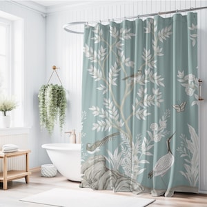 Chinoiserie Shower Curtain, Vintage Chinese Design, Floral Bathroom, Antique Home Decor, Botanical Bath Curtain, Asian Style Fabric Liner