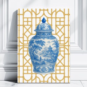 Chinoiserie blau-weißes Ingwerglas Fine Art Print, Bambusspalier, Orientalisches Poster, Wandkunst, Wanddekor, Wohndekor | Teil 2
