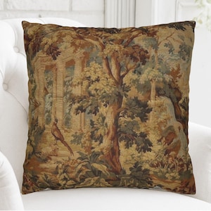 Funda de almohada con tapiz verde, cojín decorativo estilo castillo francés vintage.