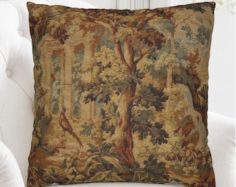 Verdure Tapestry Pillow Cover, Vintage French Château Throw Cushion