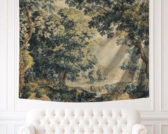 May include: A rectangular wall tapestry featuring a detailed landscape scene with dense forest foliage in shades of dark green, blue, and muted yellow. The design depicts a wooded area with a small stream and light rays filtering through the trees.