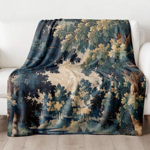 Fluwelen deken, Frans groen Aubusson wandtapijtontwerp, gezellig plaid, vintage interieur, luxe beddengoed, woonkameraccessoire