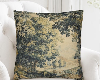 Verdure Tapestry Pillow Cover, Vintage Forest Home Decor, Antique Green Woodland Pillowcase, Chateau French Country Cushion Cover