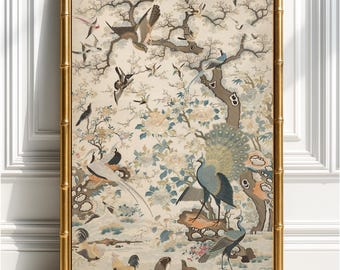 中国美術プリント、シノワズリー壁掛けアート、鳥と花の絵画