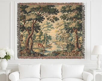 French Verdure Woven Tapestry, Chateau Style Wall Hanging, 100% Cotton Throw Blanket