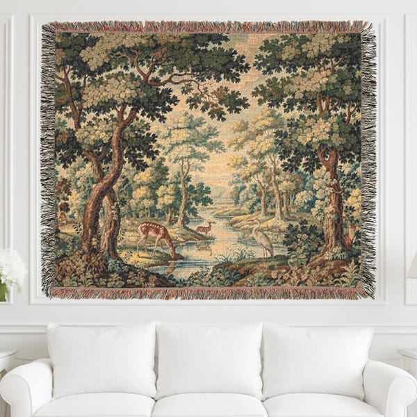 French Verdure Woven Tapestry, Chateau Style Wall Hanging, 100% Cotton Throw Blanket