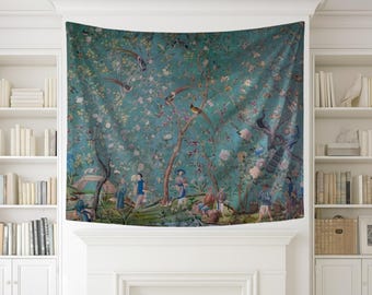 May include: A rectangular wall tapestry featuring a teal background with a detailed scene of flowering trees, various birds, and several figures in traditional attire walking through a landscape with a small bridge and foliage.