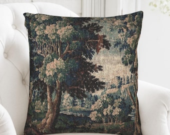 French Verdure Woven Tapestry Throw Pillow: Aubusson Château Cushion