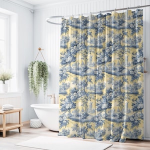 French Country Blue & White Toile de Jouy Shower Curtain, Vintage Bathroom Decor, Grandmillennial Home Decor, Luxury Bath Curtain, Gift Idea