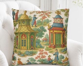 Chinoiserie Toile de Jouy Pillow Cover: Pagoda Design, Chinese Home Decor