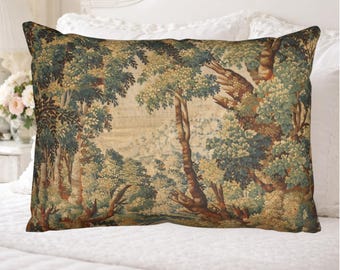 Fronha de algodão com estampa de tapeçaria Verdure | Decoração vintage para quarto em estilo castelo francês